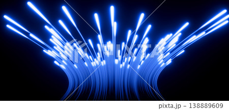 Blue neon glow vertical lines on black 3d background. Bright speed energy flow, curve wave splash, firework light effect. Laser beams move upward, nightclub party room, concert bg. 3D illustration 138889609