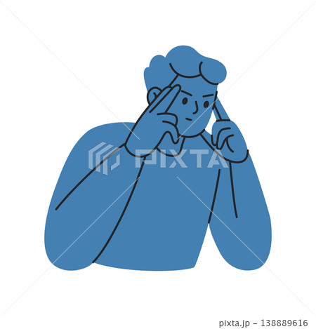 Monochrome male character in focus and concentration pose, flat cartoon man with determined expression. Mindfulness and mental clarity, productivity and attention concept vector illustration Monochrome male character in focus and concentration pose, flat cartoon man with determined expression. Mindfulness and mental clarity, productivity and attention concept vector illustration 138889616