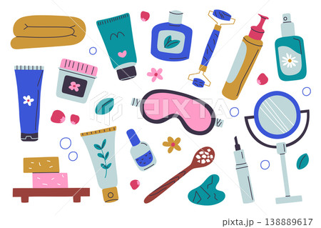 Skincare clipart set with bright flat cartoon face and body care products, cream jars, tubes, lotion and serum bottles, eye mask, gua sha, roller, and handmade soap. Beauty routine vector illustration 138889617