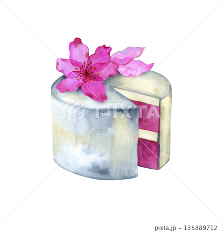 Watercolor hand drawn illustration of a delicious cake with a cut piece and a bright pink cherry blossom on top. Elegant dessert sketch with berry layers, perfect for cafe menus and greeting cards. 138889712