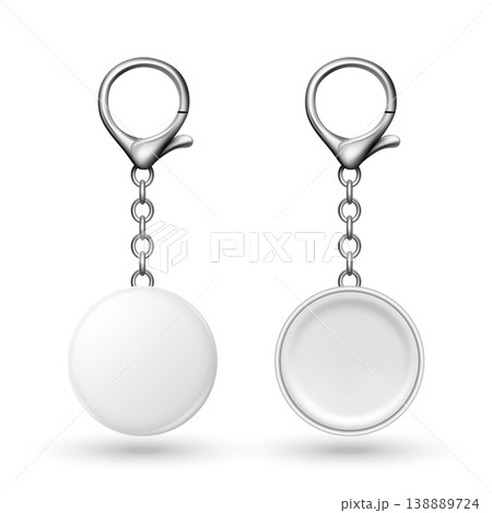 Vector 3d Blank Round Keychain Mockup Isolated. Front and Back View. Circular Pendant with Lobster Clasp and Chain. Double-Sided Accessory Template for Branding. Logo Placement, Souvenir Design 138889724