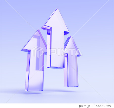 Hologram 3D glass arrows growing up on blue background. Financial business success, modern upward movement graphic, market rise, stock progress metrics. Iridescent transparent icons. 3D illustration 138889869