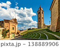 Small church, belfry and open air amphitheater in small town of Monforte d'Alba, Italy. 138889906
