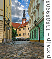 Narrow cobblestone street among and colorful buildings in Old Town of Prague. 138889908