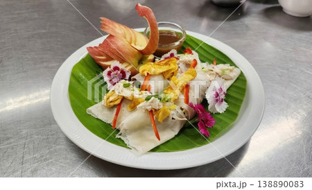 Gourmet Thai Fresh Spring Rolls with Apple Swan Garnish and Dipping Sauce Gourmet Thai Fresh Spring Rolls with Apple Swan Garnish and Dipping Sauce 138890083