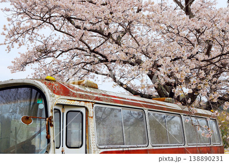 桜咲く里に佇むレトロな廃バス 日本の春と郷愁の情景 桜咲く里に佇むレトロな廃バス 日本の春と郷愁の情景 138890231