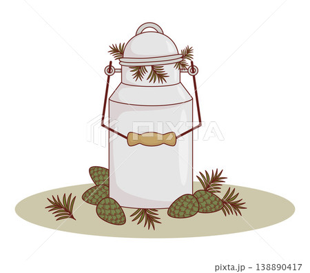 Forest Harvest Of Young Green Pine Cones. Vintage Metal Pail For Wildcrafting And Home Canning. Eco Evergreen Botanical Farmhouse Decor. Vector Illustration. Forest Harvest Of Young Green Pine Cones. Vintage Metal Pail For Wildcrafting And Home Canning. Eco Evergreen Botanical Farmhouse Decor. Vector Illustration. 138890417