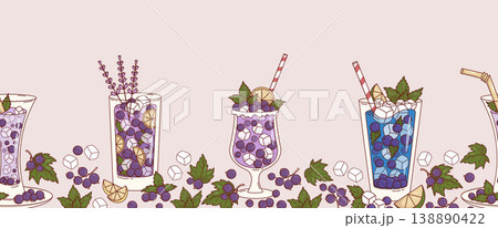 Purple Drinks with Blackcurrant Seamless Border. Summer Refreshing Hand-made Cocktail, Botanical Lemonade in Glass with Ice Cubes, Berries, Lavender, Citrus and Straw. Vector Horizontal Illustration 138890422