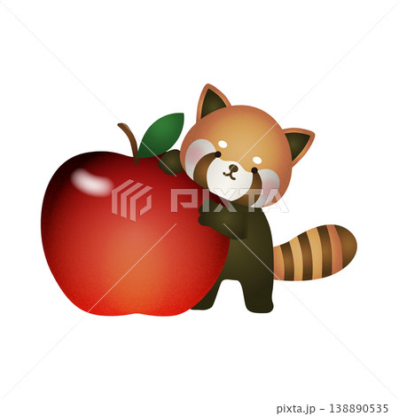 りんごにもたれるレッサーパンダのイラスト かわいい動物と果物 138890535
