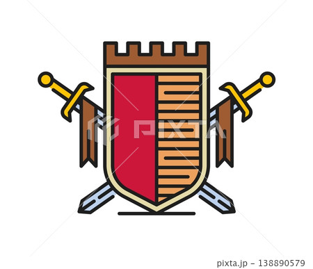 Heraldry shield and crossed sword color line icon or symbol. Vintage medieval lineart symbol, antique crest icon. Royal heraldry sign 138890579