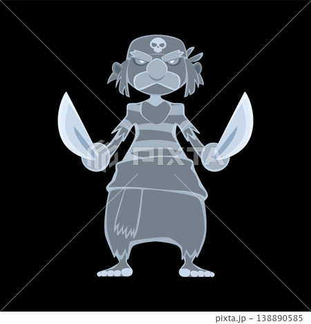Cartoon pirate ghost character standing with curved swords in hands. Spooky corsair sailor spirit Halloween personage in bandana and costume. Vector undead buccaneer phantom ready for festive battle Cartoon pirate ghost character standing with curved swords in hands. Spooky corsair sailor spirit Halloween personage in bandana and costume. Vector undead buccaneer phantom ready for festive battle 138890585