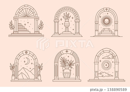 Boho heaven arch icons, castle gate door frames with vector line sun, moon and stars, palm leaves in vintage vases, stairs and mountain landscape. Mystery arch and celestial gates with boho ornaments 138890589