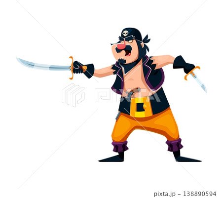Cartoon pirate and corsair fighter character in dynamic fighting pose, wielding a curved steel sword and dagger. Vector medieval swordsman warrior, sailor swashbuckler personage in filibuster clothes Cartoon pirate and corsair fighter character in dynamic fighting pose, wielding a curved steel sword and dagger. Vector medieval swordsman warrior, sailor swashbuckler personage in filibuster clothes 138890594