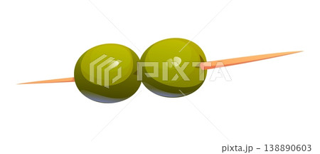 Cartoon green olives on wooden skewer depicting food cooking process and kitchen utensil. Vector snack food, appetizer, Mediterranean cuisine garnish or tapas. Two ripe green olives aligned on stick. 138890603