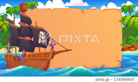 Pirate ship with sailors at Caribbean sea and old paper banner, cartoon vector background. Pirates sailing on sailboat with Jolly Roger black flag on treasure island with blank paper scroll banner 138890605