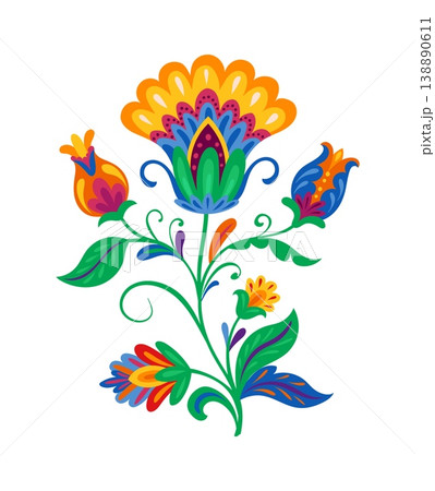 Mexican national print colorful flower element with leaves and colorful buds. Mexican culture colorful flower decor, Mexico ethnic plant vector object. Hispanic nature decoration or element 138890611