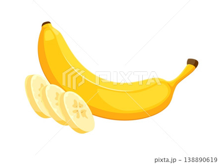 Cartoon ripe yellow banana fruit with peel and cut slices. Isolated vector fresh tropical plant. Natural whole and sliced exotic fruit with yellow skin. Healthy organic vitamin product, sweet dessert Cartoon ripe yellow banana fruit with peel and cut slices. Isolated vector fresh tropical plant. Natural whole and sliced exotic fruit with yellow skin. Healthy organic vitamin product, sweet dessert 138890619