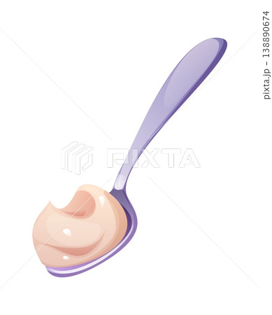 Cartoon spoon with yogurt or cream dollop. Vector cooking process with metal spoon kitchen utensil holding soft creamy dairy swirl in cook food scene with natural fresh ingredient for meal preparation Cartoon spoon with yogurt or cream dollop. Vector cooking process with metal spoon kitchen utensil holding soft creamy dairy swirl in cook food scene with natural fresh ingredient for meal preparation 138890674