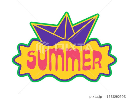 Vintage Y2K groovy summer sticker or funky label. Y2K nostalgic vector tag, retro 90s patch. Funky 2000s sticker or vintage cool label with purple paper ship and funky typography Vintage Y2K groovy summer sticker or funky label. Y2K nostalgic vector tag, retro 90s patch. Funky 2000s sticker or vintage cool label with purple paper ship and funky typography 138890698