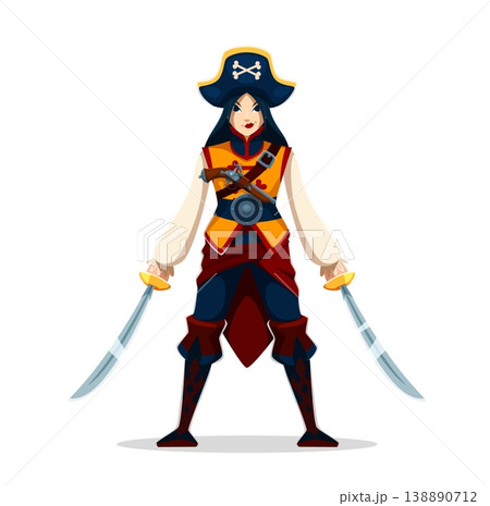Cartoon Chinese woman pirate character with sabers and fierce gaze, sports a captain tricorn hat, brandishing gleaming sabers, ready for sea adventure. Vector Asian woman corsair queen personage Cartoon Chinese woman pirate character with sabers and fierce gaze, sports a captain tricorn hat, brandishing gleaming sabers, ready for sea adventure. Vector Asian woman corsair queen personage 138890712