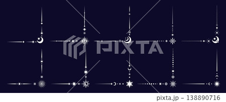 Esoteric mystic celestial border corners. Vector set of magic Boho frames, elegant space decoration with a stellar embellishments. Decorative silver angles with stars, moons, suns and cosmic patterns Esoteric mystic celestial border corners. Vector set of magic Boho frames, elegant space decoration with a stellar embellishments. Decorative silver angles with stars, moons, suns and cosmic patterns 138890716