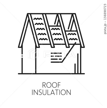 Home roof insulation installation line icon or pictogram. House repair service symbol, cottage exterior construction company vector sign. Home roof insulation maintenance pictogram or outline icon 138890723