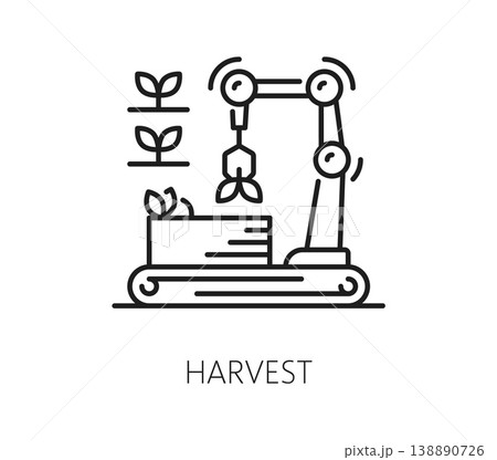 Smart farm harvest robot, agriculture technology line icon. Smart farm robotic arm collecting, planting seedlings vector symbol. Agriculture industry future tech innovation outline pictogram or sign Smart farm harvest robot, agriculture technology line icon. Smart farm robotic arm collecting, planting seedlings vector symbol. Agriculture industry future tech innovation outline pictogram or sign 138890726