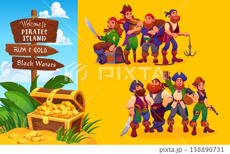 Cartoon pirate and corsair characters at Caribbean treasure island, vector personages. Pirate characters of captain, boatswain with rum barrel and skipper with saber sword or sailor woman with musket 138890731