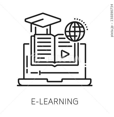 Education LMS e-learning line icon. Corporate training technology outline pictogram, education course vector symbol. LMS platform sign with laptop computer, open book, globe and graduation cap 138890734