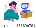 Little boy character learning with cute AI robot holding book, flat cartoon kid and artificial intelligence tutor. Future education and smart technology, children study vector illustration 138890763