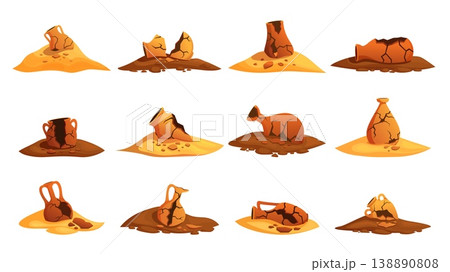 Archaeological excavations. Ancient ceramics, different old jars, vases in sand piles. Historical crockery, broken vase and cracked jugs, sapid vector elements Archaeological excavations. Ancient ceramics, different old jars, vases in sand piles. Historical crockery, broken vase and cracked jugs, sapid vector elements 138890808