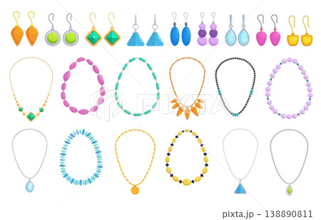 Necklace and earrings. Female gemstones jewelry, decorative bijouterie with beads. Stylish luxury accessories, jewel store elements, sapid vector clipart 138890811