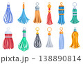 Decorative tassels. Trendy fashion accessories for backpack, female bags and purses, key chains. Decorative threads tassel, hand made macrame elements, sapid vector set 138890814