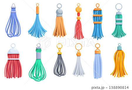 Decorative tassels. Trendy fashion accessories for backpack, female bags and purses, key chains. Decorative threads tassel, hand made macrame elements, sapid vector set 138890814