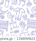 Doodle baby elements seamless pattern. Newborn hygiene icons, toys and clothes. Toddlers items print for wallpaper, textile, wrapping, neoteric vector background 138890822