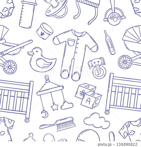 Doodle baby elements seamless pattern. Newborn hygiene icons, toys and clothes. Toddlers items print for wallpaper, textile, wrapping, neoteric vector background 138890822