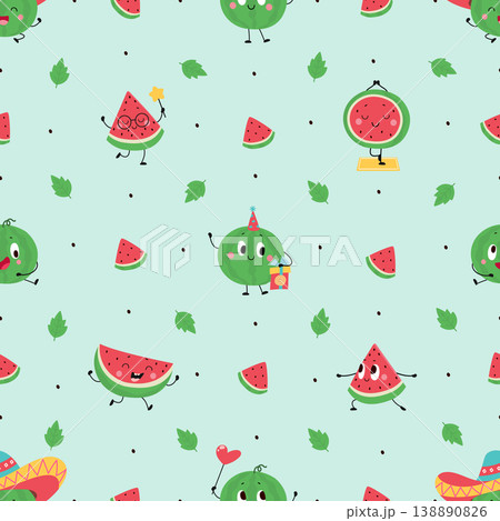 Watermelon seamless pattern. Summer juicy fruits, colorful decorative design. Bright print for wallpaper, fabric, wrapping template, nowaday vector background 138890826