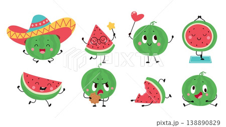 Cartoon watermelon. Adorable watermelons happy, angry, keep calm, crazy. Funny seasonal fruits different poses, children mascots, fresh food, nowaday vector clipart 138890829