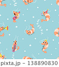 Shrimps seamless pattern. Funny shrimp characters, underwater sea animals. Childish nursery print, for fabric, textile, wallpaper design, nowaday vector background 138890830