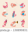 Cartoon shrimp characters. Funny seafood, shrimps play music, cooking, reading. Children mascots, nautical underwater animals, nowaday vector set 138890831