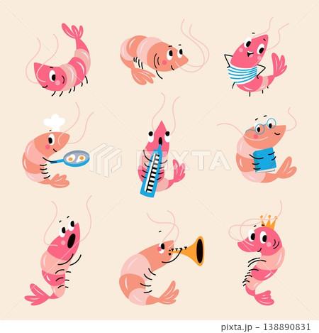 Cartoon shrimp characters. Funny seafood, shrimps play music, cooking, reading. Children mascots, nautical underwater animals, nowaday vector set 138890831
