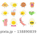 Breakfast with eggs characters. Bread and butter, bacon, cooking fried egg. Coffee and juice, sausage, toast with marmalade and cookie, nowaday vector clipart 138890839