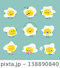 Fried eggs characters. Cartoon cooked egg different poses. Funny food characters for stickers, breakfast, evening meal. Children mascot nowaday vector set 138890840