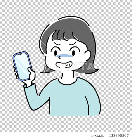 Simple illustration of a woman with a sinister smile looking at her smartphone (smartphone, fraud, unsettling, trouble, character image) 138890867