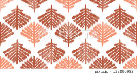 Ikat floral seamless pattern. Abstract pink leaves on light background. Vector geometric rug textured tribal motif. Oriental traditional ornament for carpet and fabric design 138890982