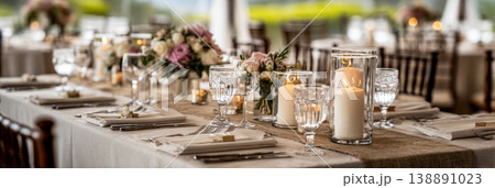 A wedding table is set up with candles and floral arrangements. The table has neutral linens and is ready for guests to enjoy dinner during an evening celebration at a venue 138891023