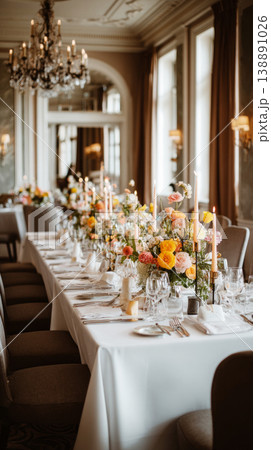 A wedding table is set up with candles and floral arrangements. The table has neutral linens and is ready for guests to enjoy dinner during an evening celebration at a venue 138891026