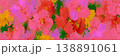 A colorful pattern displays blooming flowers in bright shades of pink, yellow, and orange with green leaves, capturing the essence of summer in a lively arrangement surrounded by nature 138891061