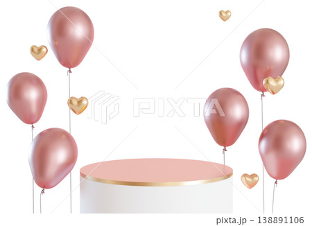 A podium is shown with pink and gold balloons surrounding it. This setup is ideal for product displays or celebrations. The clear background focuses attention on the display items 138891106
