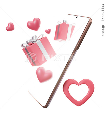 A smartphone shows gift boxes and hearts floating around it. The scene captures a Valentine theme with a focus on love and celebration. The background is clear, emphasizing the design 138891133